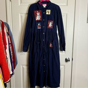 Vintage Navy Christopher & Banks Corduroy Christmas Dress With Winter Snowmen